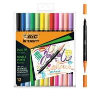 BIC Intensity Dual Tip, Marqueur double pointe fine (0,7 mm) et pointe pinceau flexible, couleurs assorties originales et pastel, lot de 12 unités