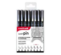 Uni-ball – Pochette 8 feutres Uni Pin – Pointes calibrées ultra-fines, larges et brush – Encre noire