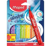 Maped Feutres pour vitres Marker'Peps, pointe large 5 mm, encre effaçable, 6 feutres + chiffon 20x20