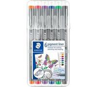 Staedtler Pigment Liner Colour, Feutres très fins à encre colorée pigmentée infalsifiable pour écrire et dessiner, Pointe extra-fine de 0.3 mm, Étui chevalet avec 6 couleurs basiques, 30803-SSB6