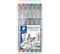 Staedtler Pigment Liner Colour, Feutres fins à encre colorée pigmentée infalsifiable pour écrire et dessiner, Pointe fine de 0.5 mm, Étui chevalet avec 6 couleurs basiques, 30805-SSB6