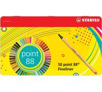 Feutres fins - STABILO point 88 - étui métallique de 50 pièces - 47 couleurs différentes - 2x bleu, rouge, noir