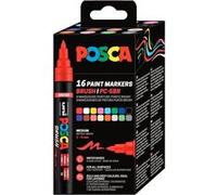 Posca Marqueurs à pigment PC-5BR Brush - Pointe moyenne semi-flexible - Étui 16 couleurs assorties