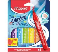Maped Feutres pour vitres Marker'Peps, pointe large 5 mm, encre effaçable, 6 feutres + chiffon 20x20