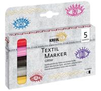Kreul 92651 - Textil Marker Set Glitter, medium, 5 pièces, épaisseur de trait 2 à 4 mm, à base d'eau, crayons de couleur pour tissu semi-couvrants avec effet scintillant