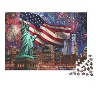 Feux d'artifice Drapeau américain, Puzzle Cadeau d'anniversaire 1000 pièces pour Adultes, Statue de la Liberté, Drapeau, Feux d'artifice, Ville, Premium épais Robuste Stimulant 70x50cm/1000pcs