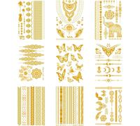 Few-9 Feuilles Autocollants De Tatouage Ephémère Doré Métalliques Faux Tatouage Flash Temporaire Feuilles Éphémères Tatouages Dorés Tatouage Ephemere Pour Cadeau De Vacances Femme/Fille
