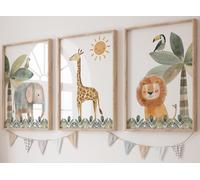 Few-Ensemble Animaux Safari De 3 Impressions Sans Cadre Pour Chambre D'enfant Fille Ou Garçon, Décoration Chambre Posters Décoratifs Muraux, Eléphant Girafe Lion, Vert Jaune Marron (A4)