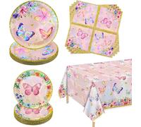 Few-Lot De 61 Décorations D'anniversaire En Forme De Papillon Rose - Assiettes, Serviettes Et Nappe À Fleurs Pour Fête D'anniversaire - Pour 20 Personnes