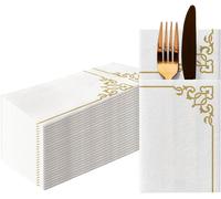 Few-Paw - Serviette De Table Papier - Airlaid (1/8 Pocket) I 25 Pièces I Idéal Pour Mariage, Baptême, Communion, Anniversaire I Serviettes En Tissu De Décoration De Table I Cadre Élégant Doré