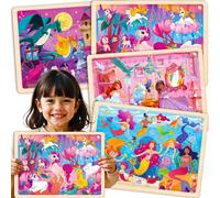 FEW-Puzzle Bois Enfant 3 4 5 Ans - 4x24 Pièces Puzzle Animaux Montessori - Jeux Bois Éducatif avec Sirènes Princesses Licornes - Cadeau pour Garçons et Filles 6 7 8 Ans