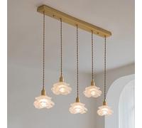 FEWDSCA 3 Lumière Grappe Verre Lustre Vintage Lait Verre Fleur Lumière 5 Longue Luminaire Linéaire Mi-Siècle Moderne Lampe de Plafond Suspendue Pour Salle À Manger Cuisine Île/5 Lumières