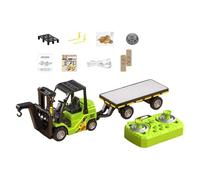 FewNvWa Camion Télécommandé Transformable avec Chariot élévateur, Remorque et Grue, En Alliage, Fonctions Multi-modes, Lumières et Sons, Idéal pour Les Enfant, Vert