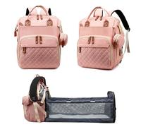 Fexkean Sac à Dos à Langer pour Bébé, Sac à Dos Pour lit bébé, Sac à langer de voyage portable avec lit pliable Grande Capacité Sac à Couches Multifonction Imperméable-(Rose)