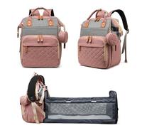 Fexkean Sac à Dos à Langer pour Bébé, Sac à Dos Pour lit bébé, Sac à langer de voyage portable avec lit pliable Grande Capacité Sac à Couches Multifonction Imperméable-(Pink&Grey)