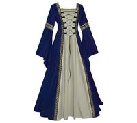 Feynman Robe médiévale pour femmes avec manches trompettes, robe victorienne de la reine médiévale de la Renaissance gothique, robe maxi de carnaval Halloween, Bleu Foncé, 5XL