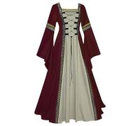 Feynman Robe médiévale pour femmes avec manches trompettes, robe victorienne de la reine médiévale de la Renaissance gothique, robe maxi de carnaval Halloween, Rouge Bordeaux, 4XL