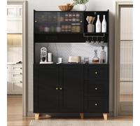 feynoss Buffet avec verre flotté et station de charge intégrée, 184 cm, en noir/doré, 3 tiroirs et porte-verres, étagères réglables, grand espace de rangement, avec protection anti-basculement