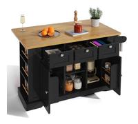 feynoss Îlot de cuisine 132 x 40 (70) x 87 cm, noir, avec prise intégrée et USB, plan de travail extensible, 3 tiroirs, chariot de cuisine, style campagnard, espace de rangement et roulettes