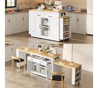 feynoss Îlot de cuisine extensible autoportant avec deux tables jusqu'à 340 cm, îlot de cuisine mobile sur roulettes avec prises et USB, plan de travail, îlot de cuisine avec comptoir