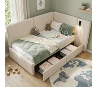 feynoss Lit de jour, 90 x 200 cm, avec USB et lampe de lecture, lit rembourré, avec 2 tiroirs, canapé-lit en velours, pour chambre d'enfant, beige