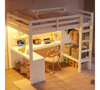 feynoss Lit mezzanine, 140 x 200 cm, avec bureau, LED et USB, avec étagères multifonctions, station de charge, cadre en bois de pin stable, pour chambre d'enfant et bureau à domicile, blanc