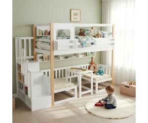 feynoss Lit mezzanine, 90 x 200 cm, avec table pliante réglable en hauteur, pour enfants, avec escalier de rangement et bibliothèque, blanc et naturel