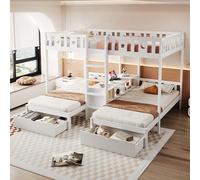 feynoss Lit superposé 140 x 200 cm + 90 x 200 cm, triple en bois massif, avec design étoile et lune, lit mezzanine, avec échelle, espace de rangement et tiroirs, lit d'enfant, pour frères et sœurs