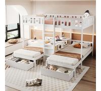 feynoss Lit superposé 3 compartiments avec échelle et espace de rangement, lit mezzanine 140 x 200 cm + 2 lits simples 90 x 200 cm, lit pour enfant avec balustrade étoilée et tiroirs, blanc
