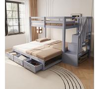 feynoss Lit superposé, 90 x 200 cm, avec lit gigogne 90/180 x 190 cm, pour enfants, avec échelle d'espace de rangement et tiroirs, en bois, avec sommier à lattes, gris