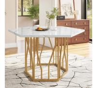 feynoss Table à manger hexagonale - Table de cuisine moderne avec aspect marbre et structure abstraite - Table à manger au design unique pour 2 à 4 personnes - Blanc/doré