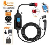 Feyree Chargeur de voiture électrique portable 22 KW 32 A, 3-phase type 2, station de charge EVSE avec contrôle via application Wi-Fi