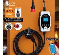Feyree Chargeur portable 22 kW pour voiture électrique, câble Type 2, 32 A, 3 phases, station de recharge EVSE intelligente Wi-Fi avec application, station de recharge rapide
