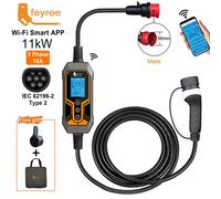 feyree Chargeur portable type 2 pour véhicule électrique, 11 kW, 16 A, 3 phases, version Wi-Fi avec application et Bluetooth, câble EVSE 5 m et prise CEE