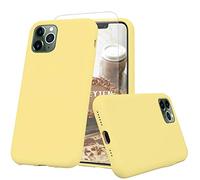 Feyten Compatible avec iPhone 11 Pro Max 6,5 Pouces [avec Verre Trempé], [Mis à Jour] Silicone Liquide Housse Case Protection Complète Cover Étui avec Tissu Microfibre Coussin Coveri (Jaune)
