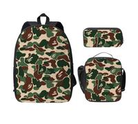 FEYUNYAN Aniaml Lot de 3 sacs à dos d'école pour filles et garçons - Imprimé camouflage vert - Sac à dos pour ordinateur portable de 15", sac à déjeuner isotherme, trousse à crayons, cartable