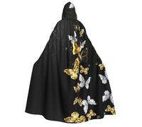 FEYUNYAN Cape à capuche pour adultes, papillon blanc doré, noir, accessoire de costume gothique, sorcière, vampire, fermeture à nouer réglable, cape en polyester doux pour cosplay et fêtes d'Halloween