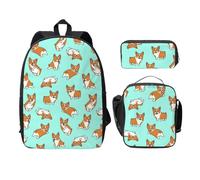 FEYUNYAN Corgi Lot de 3 sacs à dos d'école pour filles et garçons avec imprimé chien mignon de 38,1 cm, sac à déjeuner isotherme, trousse à crayons, cartable pour adolescents, jeunes étudiants, Chien