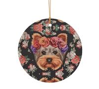 FEYUNYAN Décoration de Noël ronde en aluminium à suspendre, arbre de Noël, décoration à suspendre pour sapin, cheminée, fête, vacances, festival, chien yorkshire, pendentif cercle festif avec corde