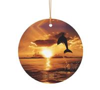 FEYUNYAN Décoration de Noël ronde en aluminium à suspendre pour sapin de Noël, cheminée, fête, vacances, festival, dauphin au crépuscule, pendentif cercle festif avec corde
