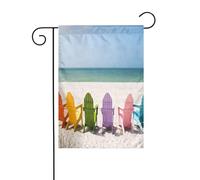 FEYUNYAN Drapeaux de jardin double face 45 x 30 cm, chaises à côté du ciel bleu marin, décoration extérieure vibrante pour terrasse, pelouse, drapeau en polyester durable toutes saisons, bannière