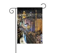 FEYUNYAN Drapeaux de jardin double face 45 x 30 cm, vue nocturne de Las Vegas, décoration extérieure vibrante pour terrasse, pelouse, drapeau en polyester durable, bannière décorative résistante aux