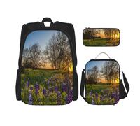 FEYUNYAN Ensemble sac à dos 3 en 1 3 pièces résistant à l'eau, sac à déjeuner isotherme, trousse à crayons de grande capacité, motif prairie de lavande au coucher du soleil, sacs d'école pour voyage