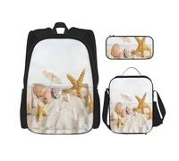 FEYUNYAN Ensemble sac à dos 3 en 1 3 pièces résistant à l'eau, sac à déjeuner isotherme, trousse à crayons de grande capacité, coquillages, étoile de mer sur la plage, sacs d'école pour voyage, bureau