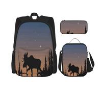 FEYUNYAN Ensemble sac à dos 3 en 1 3 pièces résistant à l'eau, sac à déjeuner isotherme, trousse à crayons de grande capacité, motif cerf, montagne, pin, forêt, nature, sacs d'école pour voyage