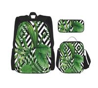 FEYUNYAN Ensemble sac à dos 3 en 1 résistant à l'eau, sac à déjeuner isotherme, trousse à crayons de grande capacité, sacs d'école à motif feuilles tropicales pour voyage, bureau et activités de plein