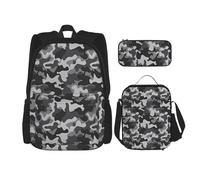 FEYUNYAN Ensemble sac à dos 3 en 1 résistant à l'eau, sac à déjeuner isotherme, trousse à crayons de grande capacité, motif camouflage abstrait pour voyage, bureau et activités de plein air, Noir