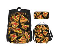 FEYUNYAN Ensemble sac à dos 3 en 1 résistant à l'eau, sac à déjeuner isotherme, trousse à crayons de grande capacité, cartables 3D pour voyage, bureau et activités de plein air, motif pizza, Noir