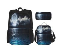 FEYUNYAN Ensemble sac à dos 3 en 1 résistant à l'eau, sac à déjeuner isotherme, trousse à crayons de grande capacité, motif nuages brumeux pleine lune pour voyage, bureau, Noir , Taille unique