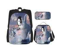 FEYUNYAN Ensemble sac à dos 3 en 1 résistant à l'eau, sac à déjeuner isotherme, trousse à crayons de grande capacité, cartables pour voyage, bureau et activités de plein air, motif pingouin heureux